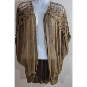 By Bke Brown Gold Draped Open Front Knit Cardigan One Size Crochet Shoulder Boho